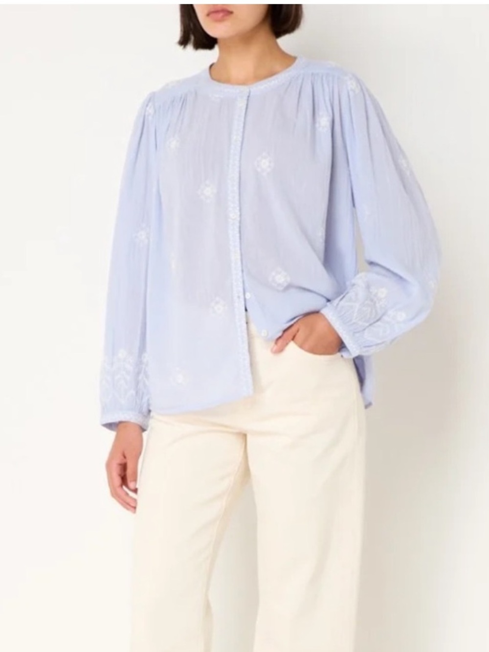 ba&sh Duha Embroidered Peasant Blouse Top in Sky Blue